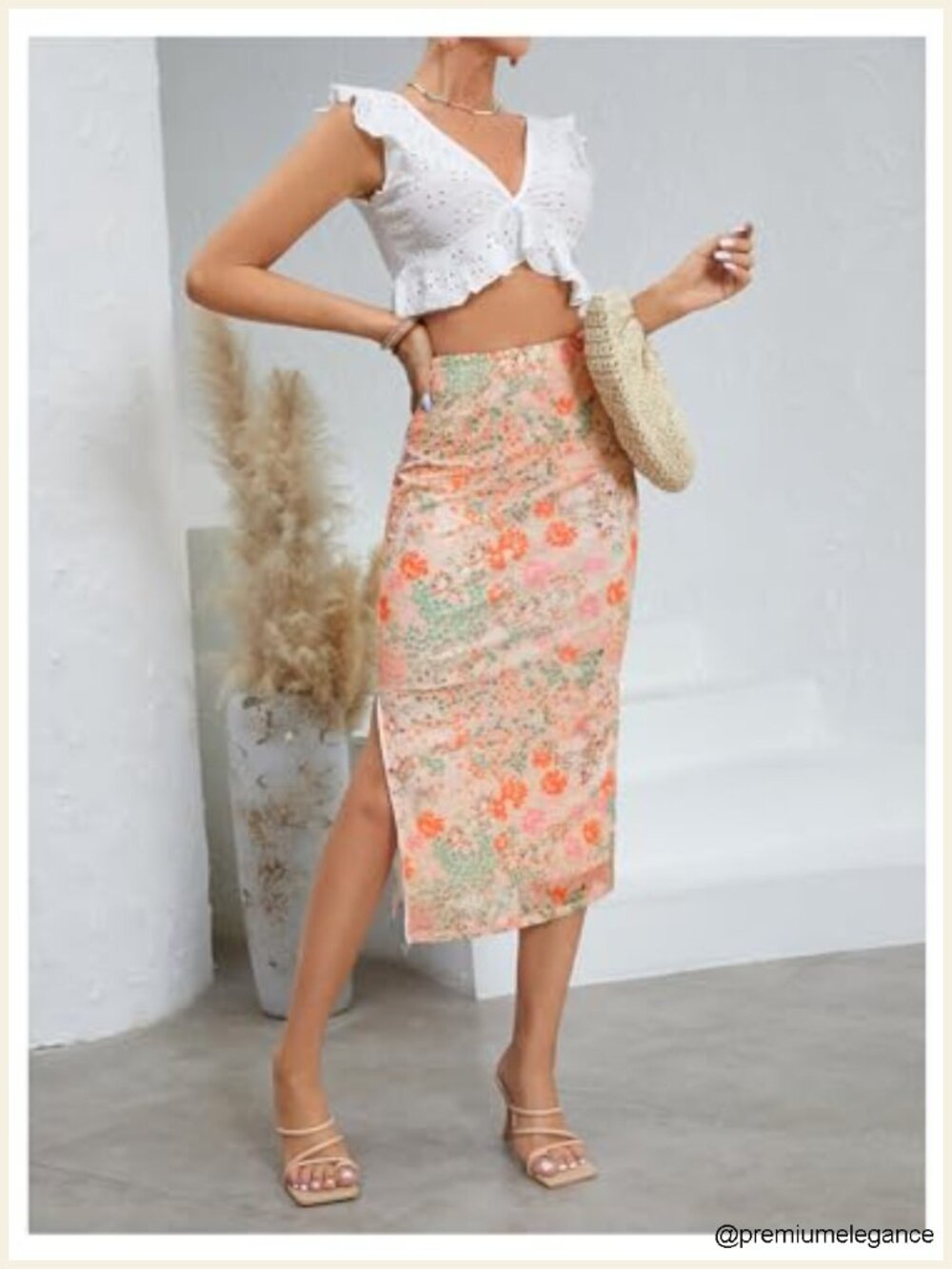 Women's Floral Mesh Midi Skirt High Waisted Split Boho Summer - Picture 2 of 6